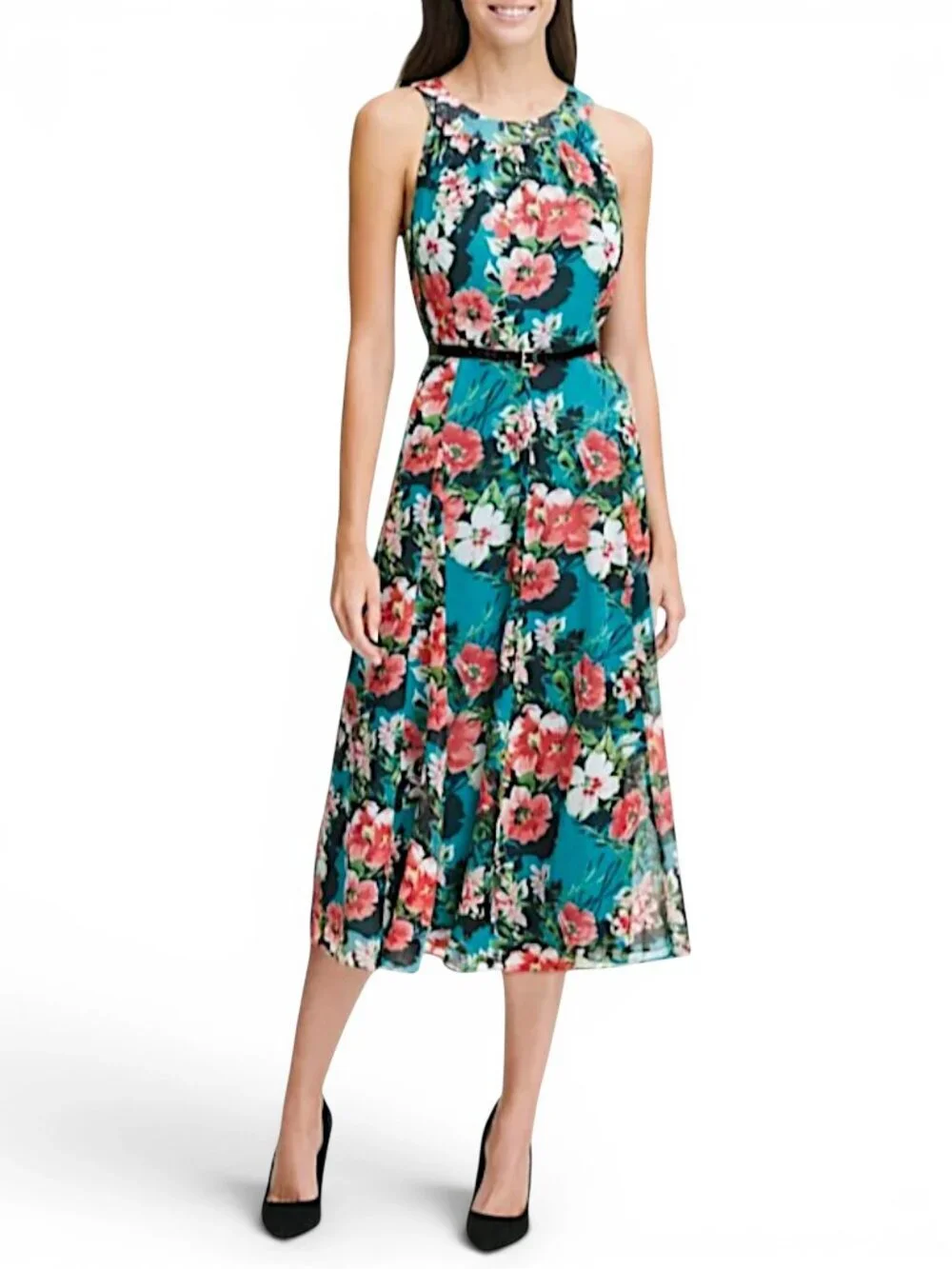 Tommy Hilfiger Teal Floral Printed Halter Patent Belted Midi Dress New NWT 6